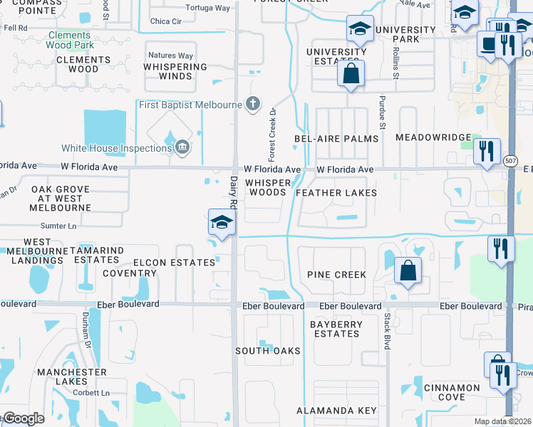 map of restaurants, bars, coffee shops, grocery stores, and more near 901 Whisperoak Drive in Melbourne