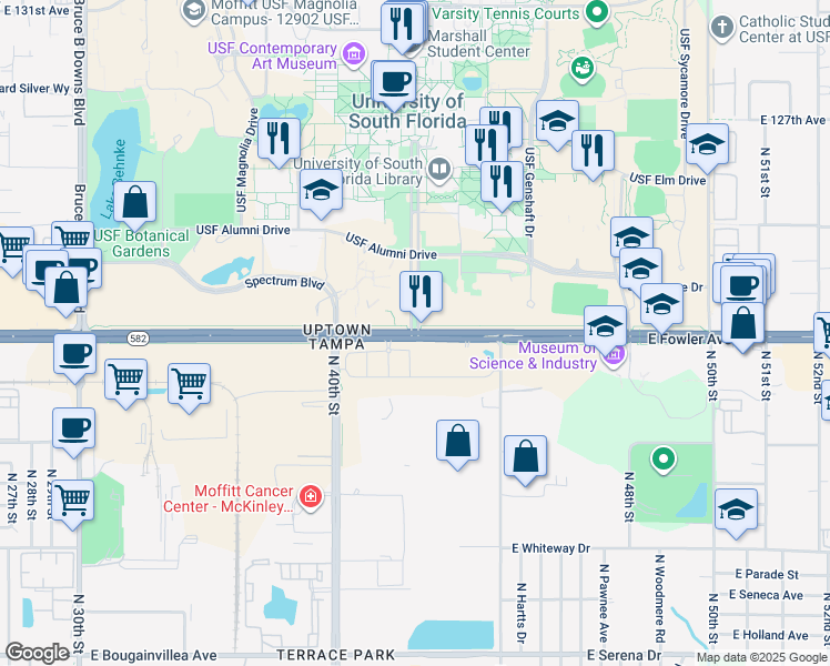 map of restaurants, bars, coffee shops, grocery stores, and more near 4202 East Fowler Avenue in Tampa