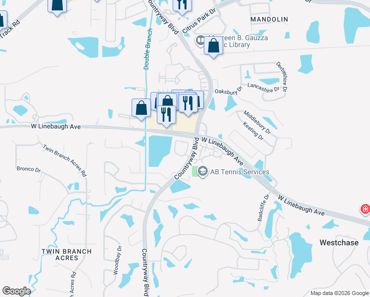 map of restaurants, bars, coffee shops, grocery stores, and more near 12475 Berkeley Square Drive in Tampa
