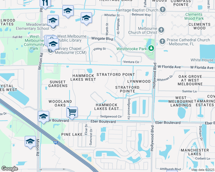 map of restaurants, bars, coffee shops, grocery stores, and more near 2410 Stratford Pointe Drive in West Melbourne