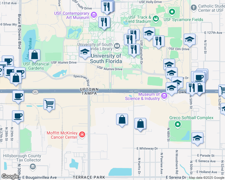 map of restaurants, bars, coffee shops, grocery stores, and more near 4226 East Fowler Avenue in Tampa