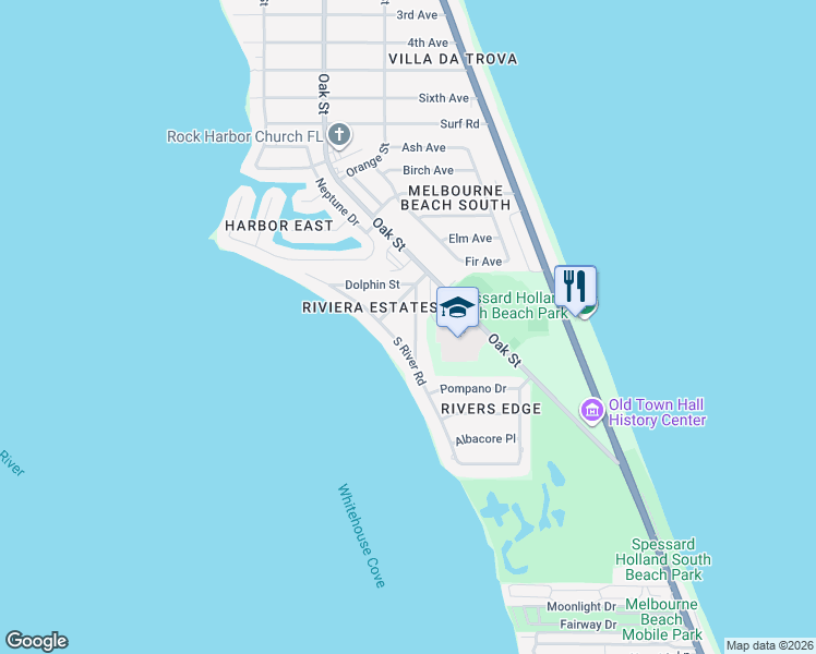 map of restaurants, bars, coffee shops, grocery stores, and more near 2128 Barracuda Ave in Melbourne Beach