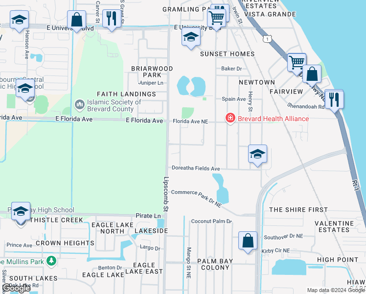 map of restaurants, bars, coffee shops, grocery stores, and more near 2186 Doctor Harvey Riley Street in Palm Bay