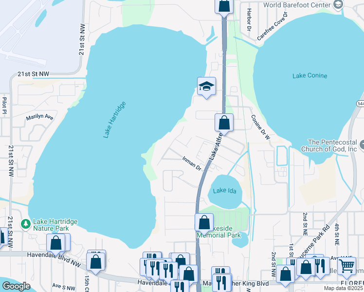 map of restaurants, bars, coffee shops, grocery stores, and more near 1214 Fairlane Court in Winter Haven