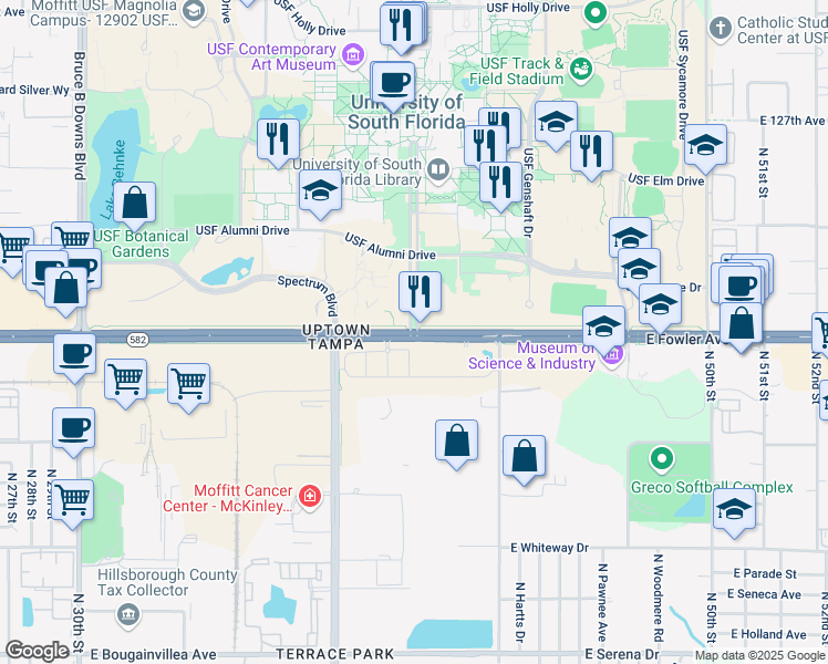 map of restaurants, bars, coffee shops, grocery stores, and more near 4226 East Fowler Avenue in Tampa