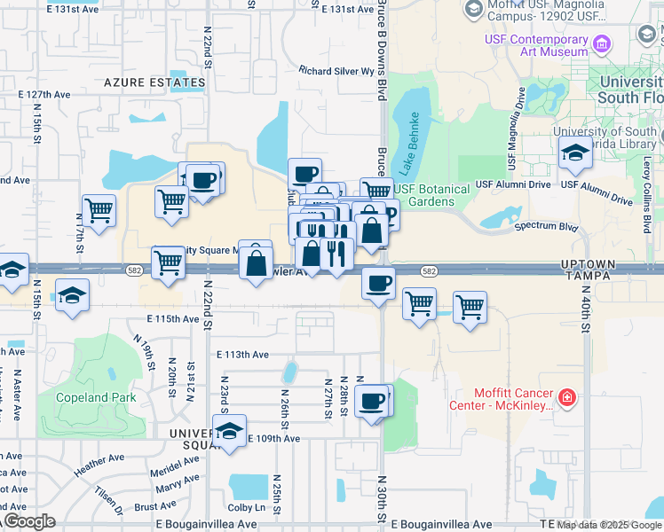 map of restaurants, bars, coffee shops, grocery stores, and more near 2774 East Fowler Avenue in Tampa