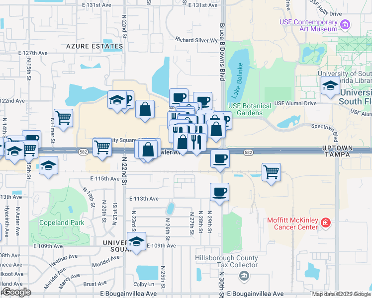 map of restaurants, bars, coffee shops, grocery stores, and more near 2554 East Fowler Avenue in Tampa
