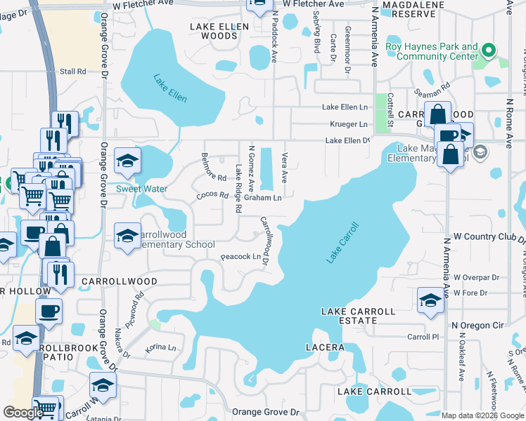 map of restaurants, bars, coffee shops, grocery stores, and more near 11625 Carrollwood Drive in Tampa