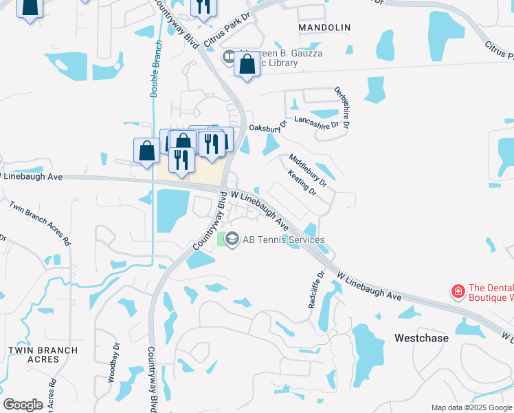map of restaurants, bars, coffee shops, grocery stores, and more near 12010 Deacons Croft Lane in Tampa