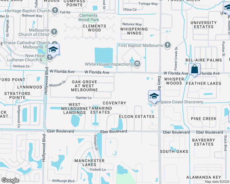 map of restaurants, bars, coffee shops, grocery stores, and more near 1021 Hollister Drive in West Melbourne