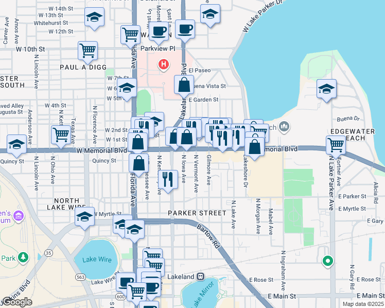 map of restaurants, bars, coffee shops, grocery stores, and more near 515 East Memorial Boulevard in Lakeland