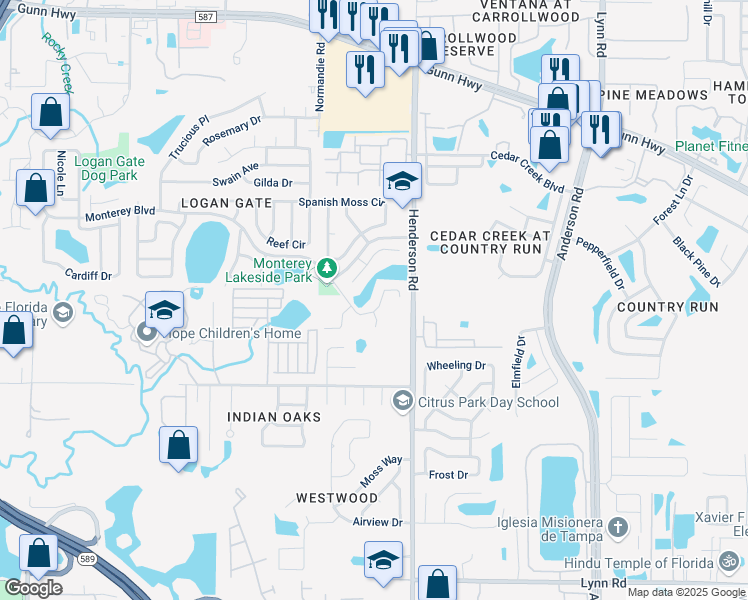 map of restaurants, bars, coffee shops, grocery stores, and more near 6422 Monterey Boulevard in Tampa