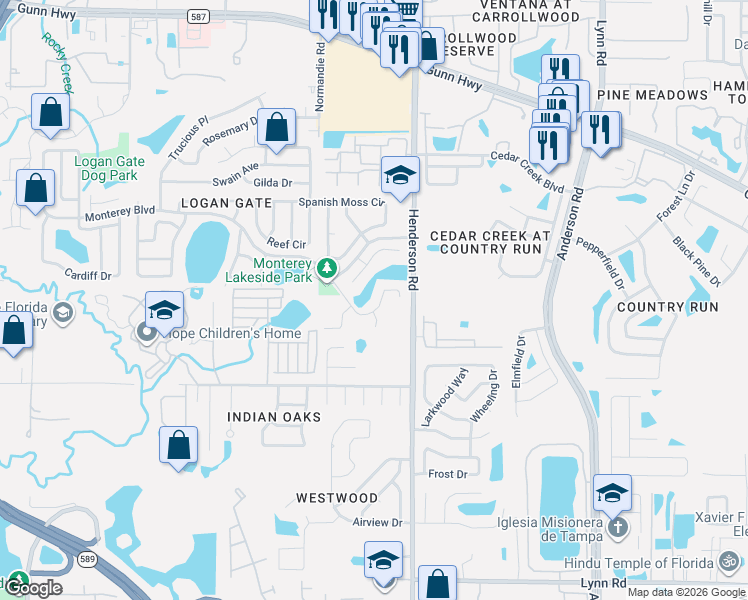 map of restaurants, bars, coffee shops, grocery stores, and more near 6422 Monterey Boulevard in Tampa