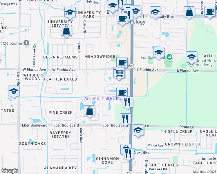 map of restaurants, bars, coffee shops, grocery stores, and more near 111 Cypress Brook Circle in Melbourne