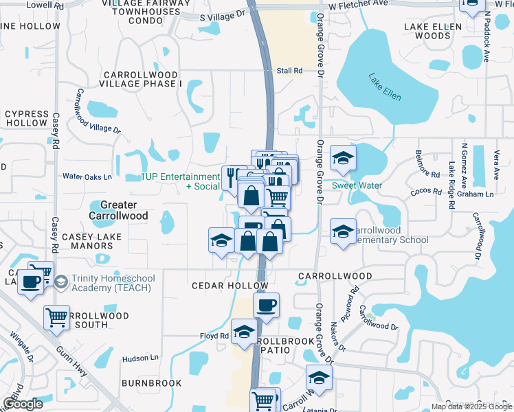 map of restaurants, bars, coffee shops, grocery stores, and more near 11640 North Dale Mabry Highway in Greater Carrollwood