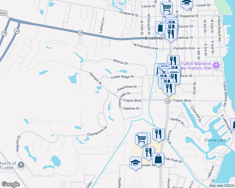 map of restaurants, bars, coffee shops, grocery stores, and more near 125 Peachtree Drive in Rockport