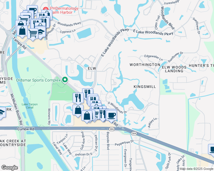 map of restaurants, bars, coffee shops, grocery stores, and more near 180 Lisa Lane in Oldsmar