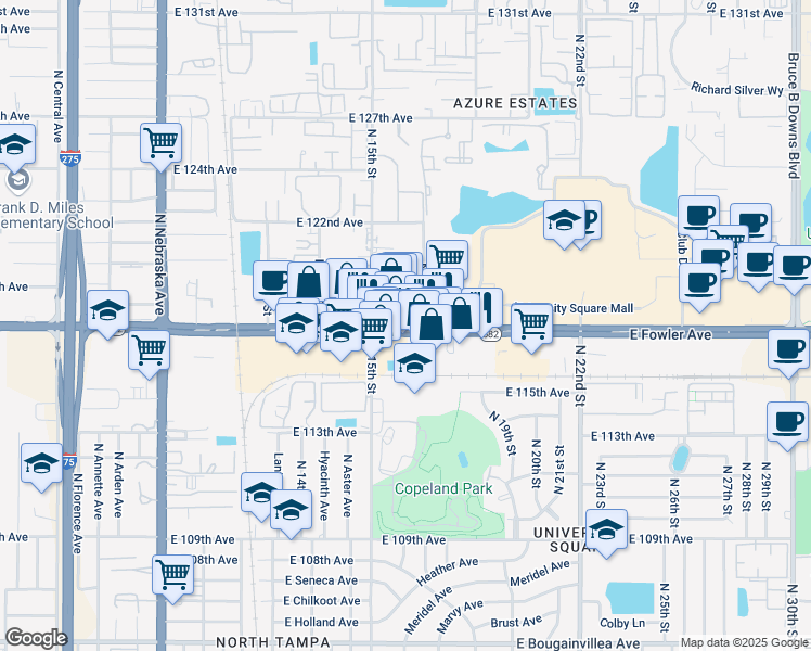 map of restaurants, bars, coffee shops, grocery stores, and more near 1520 East Fowler Avenue in Tampa