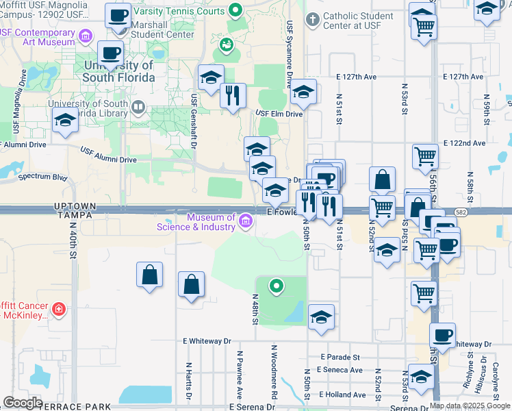 map of restaurants, bars, coffee shops, grocery stores, and more near 11701 USF Bull Run Drive in Tampa