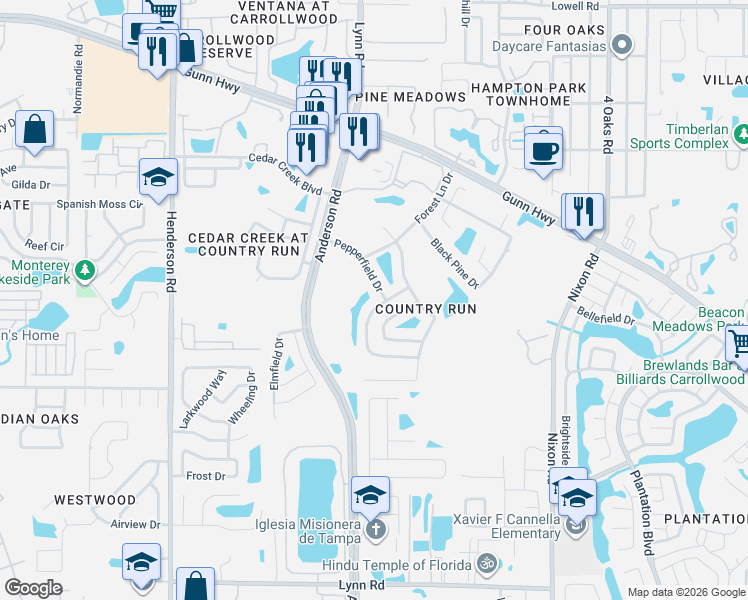 map of restaurants, bars, coffee shops, grocery stores, and more near 12357 Witheridge Drive in Tampa