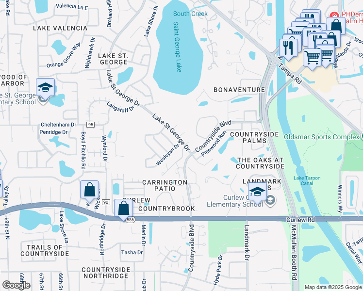 map of restaurants, bars, coffee shops, grocery stores, and more near 2872 Wesleyan Drive in Palm Harbor