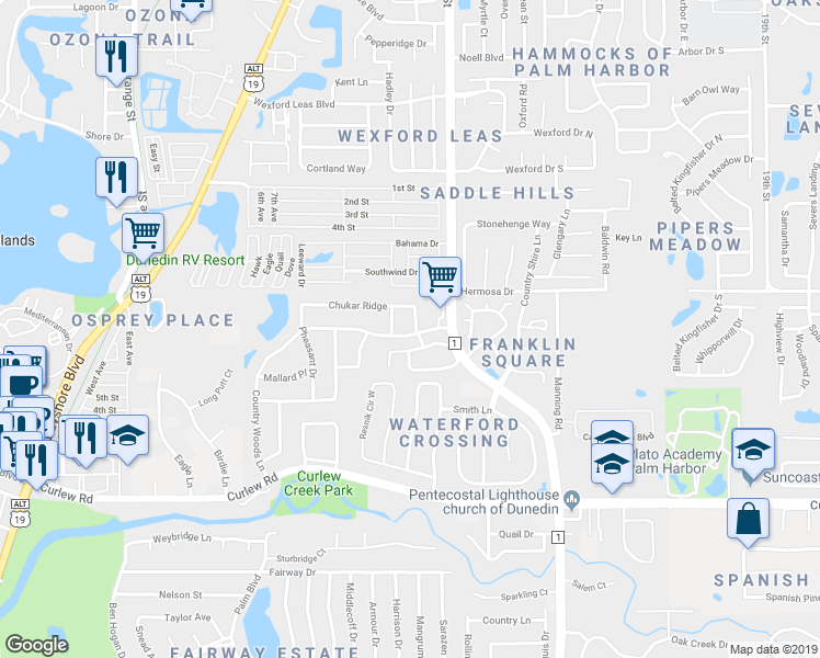 map of restaurants, bars, coffee shops, grocery stores, and more near 2884 Turtle Terrace in Palm Harbor