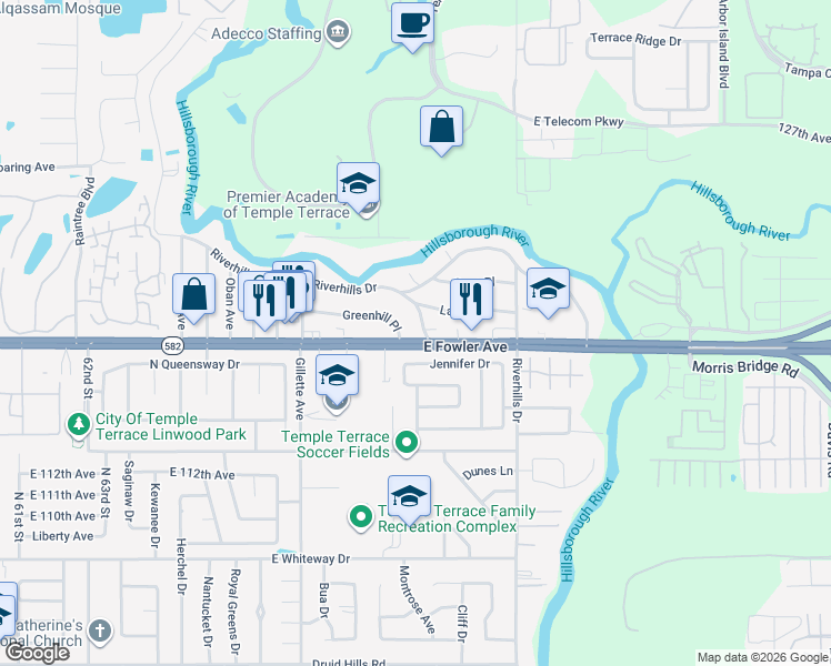 map of restaurants, bars, coffee shops, grocery stores, and more near 7010 East Fowler Avenue in Tampa