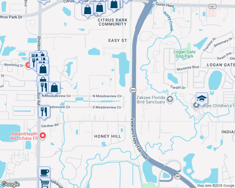 map of restaurants, bars, coffee shops, grocery stores, and more near 8011 North Meadowview Circle in Tampa