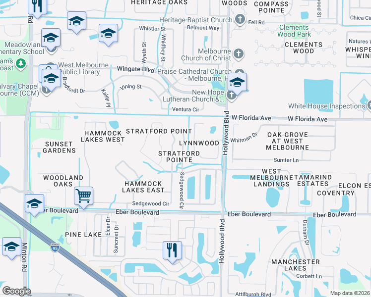 map of restaurants, bars, coffee shops, grocery stores, and more near 875 Sedgewood Circle in Melbourne