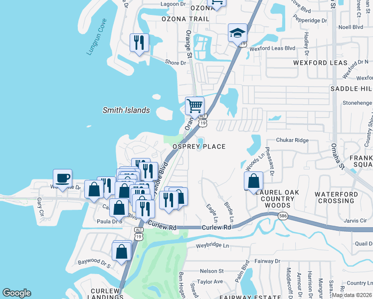 map of restaurants, bars, coffee shops, grocery stores, and more near 2850 Swan Circle in Dunedin