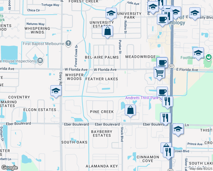 map of restaurants, bars, coffee shops, grocery stores, and more near 625 Sandpiper Circle in Melbourne