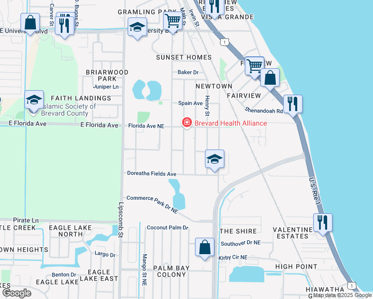 map of restaurants, bars, coffee shops, grocery stores, and more near 2197 Pelham Street in Palm Bay