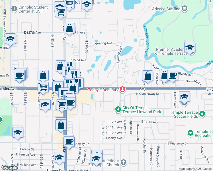 map of restaurants, bars, coffee shops, grocery stores, and more near 5976 Florida 582 in Temple Terrace