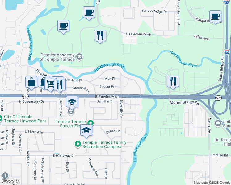 map of restaurants, bars, coffee shops, grocery stores, and more near 7134 East Fowler Avenue in Tampa