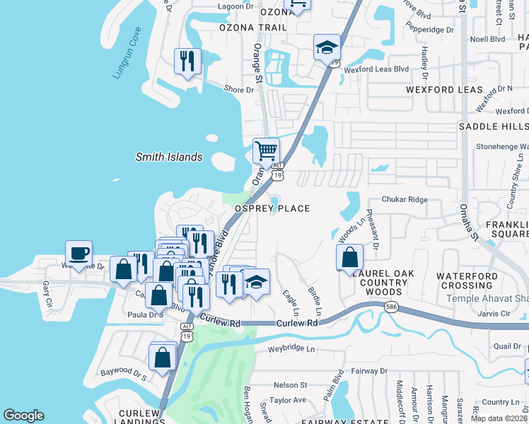 map of restaurants, bars, coffee shops, grocery stores, and more near 2840 Swan Circle in Dunedin
