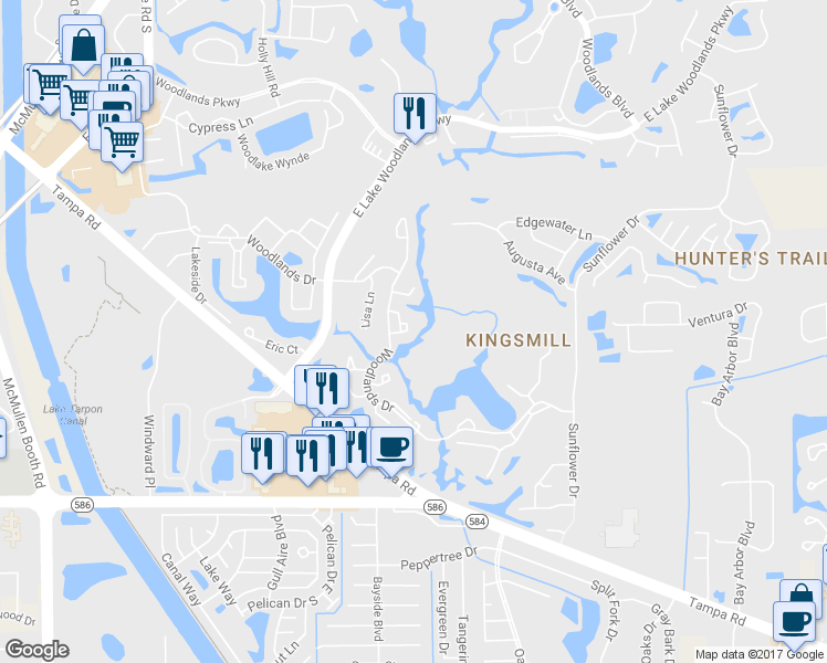 map of restaurants, bars, coffee shops, grocery stores, and more near 110 Ingrid Place in Oldsmar