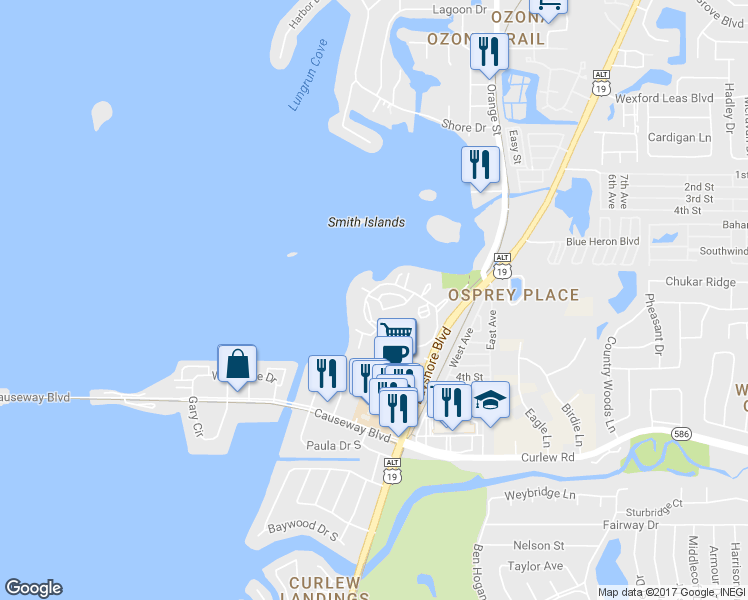 map of restaurants, bars, coffee shops, grocery stores, and more near 6 Mediterranean Drive in Dunedin