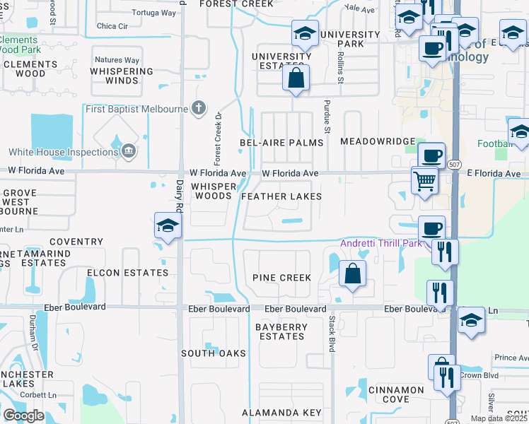 map of restaurants, bars, coffee shops, grocery stores, and more near 3711 Pelican Point Way in Melbourne