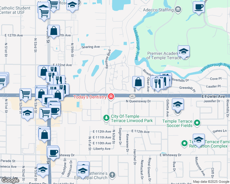 map of restaurants, bars, coffee shops, grocery stores, and more near 6265 Dewdrop Way in Tampa