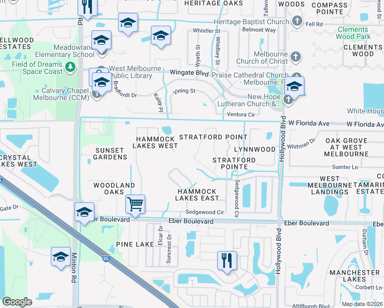 map of restaurants, bars, coffee shops, grocery stores, and more near 2410 Stratford Pointe Drive in West Melbourne