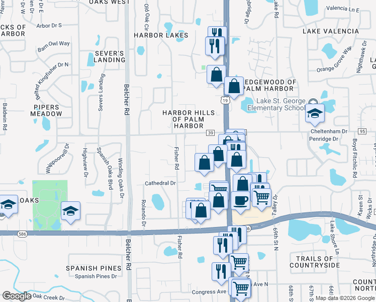 map of restaurants, bars, coffee shops, grocery stores, and more near 3662 Arboretum Place in Palm Harbor
