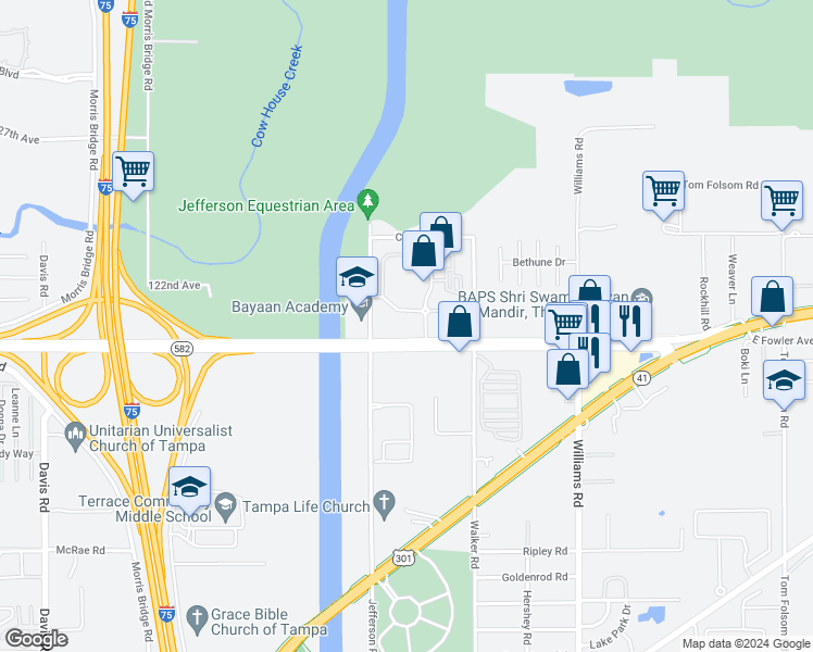 map of restaurants, bars, coffee shops, grocery stores, and more near 9306-9342 East Fowler Avenue in Thonotosassa
