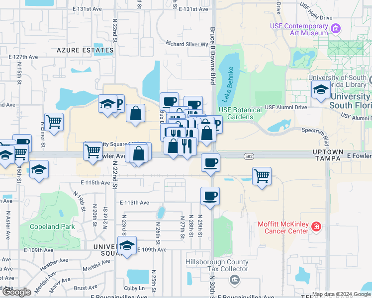 map of restaurants, bars, coffee shops, grocery stores, and more near 2774 East Fowler Avenue in Tampa