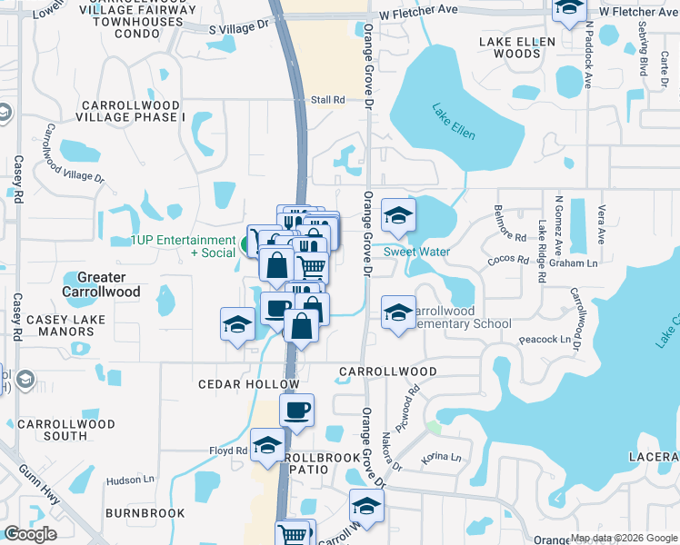 map of restaurants, bars, coffee shops, grocery stores, and more near 11430 Orange Grove Drive in Tampa