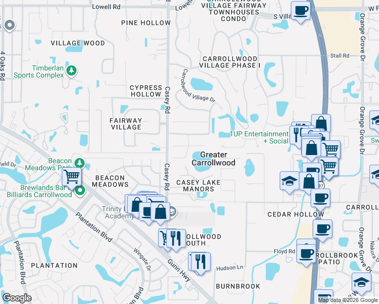 map of restaurants, bars, coffee shops, grocery stores, and more near 11713 Rolling Oaks Lane in Tampa
