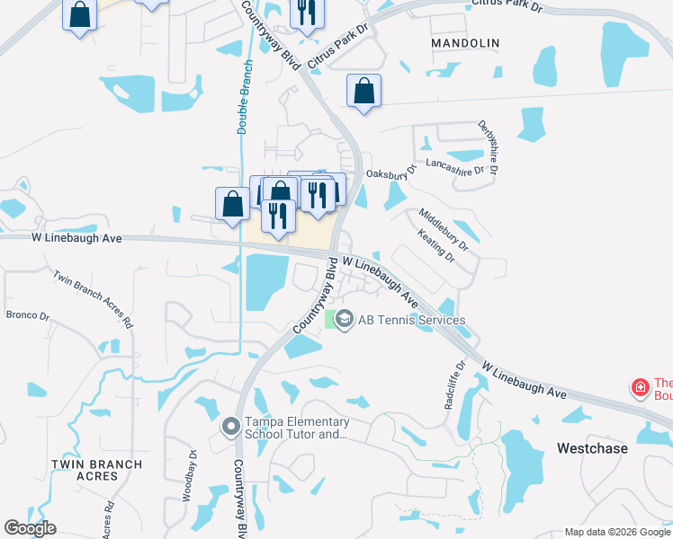 map of restaurants, bars, coffee shops, grocery stores, and more near 10506 Marlington Place in Tampa