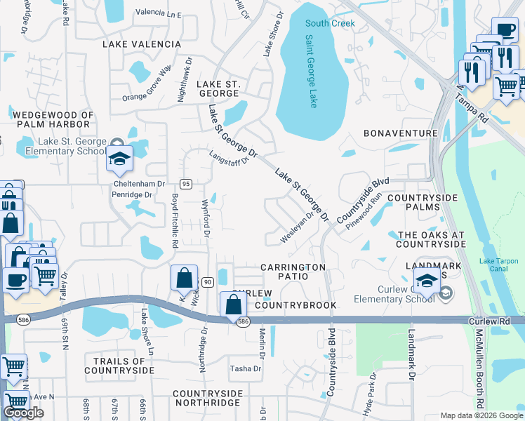 map of restaurants, bars, coffee shops, grocery stores, and more near 3646 Chatham Drive in Palm Harbor