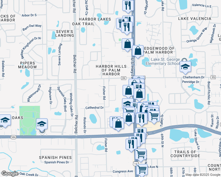 map of restaurants, bars, coffee shops, grocery stores, and more near 3662 Arboretum Place in Palm Harbor