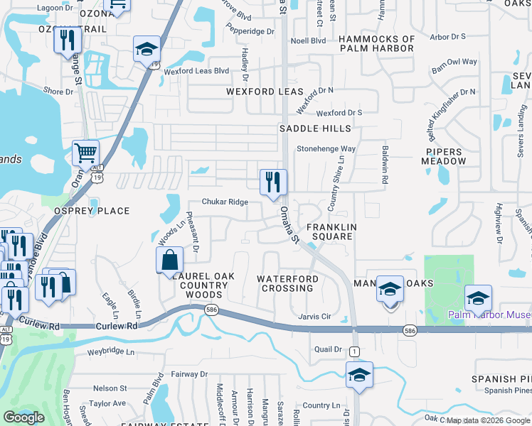 map of restaurants, bars, coffee shops, grocery stores, and more near 2884 Turtle Terrace in Palm Harbor