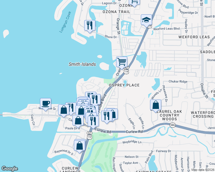 map of restaurants, bars, coffee shops, grocery stores, and more near 2750 Bayshore Boulevard in Dunedin